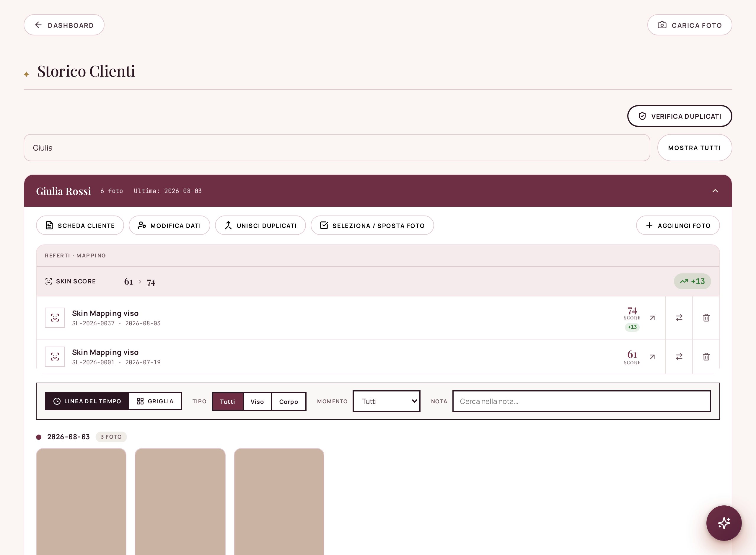 Archivio e timeline cliente Skin Lovers